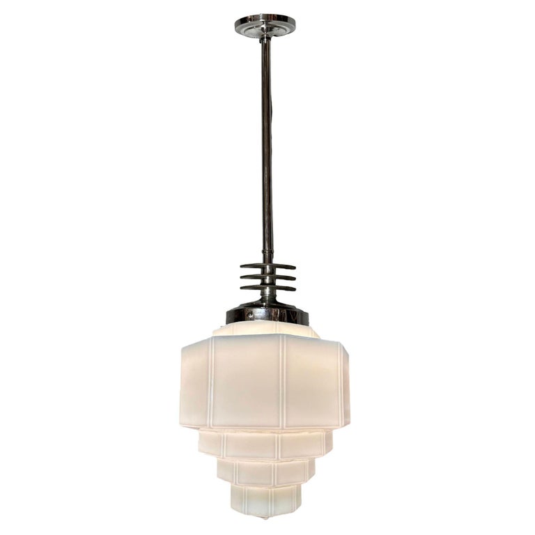 Art Deco Chrome Streamline Pendant Light w/ Stepped Milk Glass Shade
