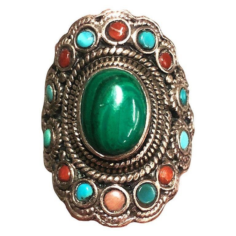 Silver and Malachite Gemstone Ring Size 9.5