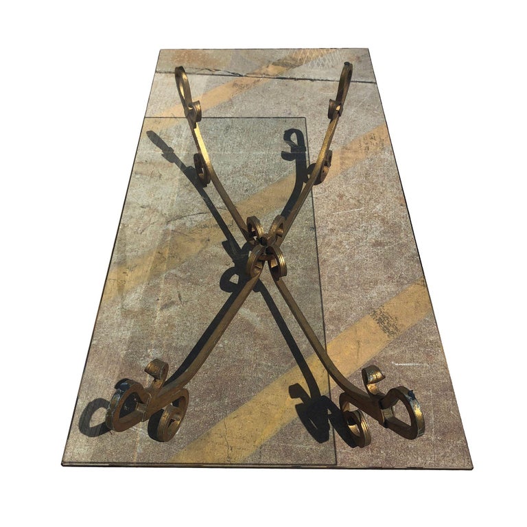 Gold-tone Gilded Wrought Iron Hollywood Regency Cocktail Table w/ Glass Top