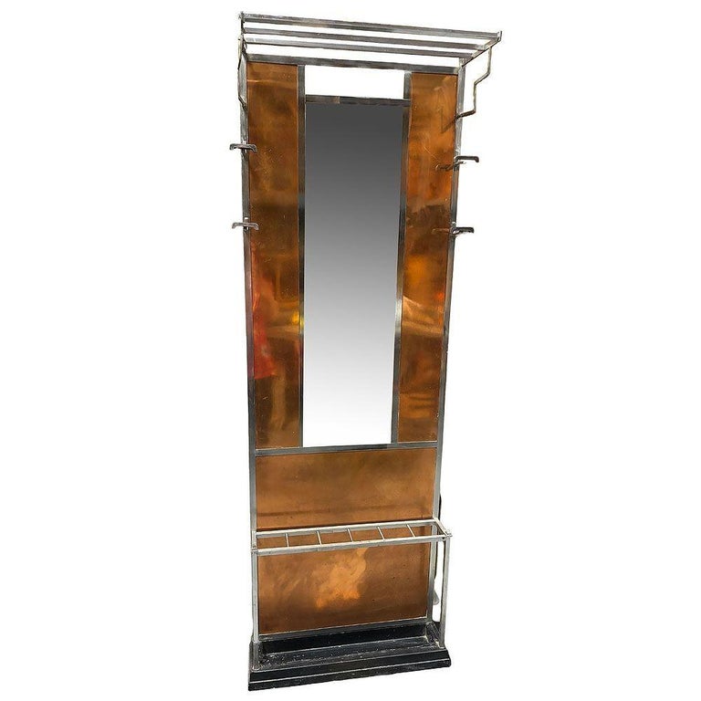 Art Deco Copper & Chrome Hall Tree w/ Vanity Mirror