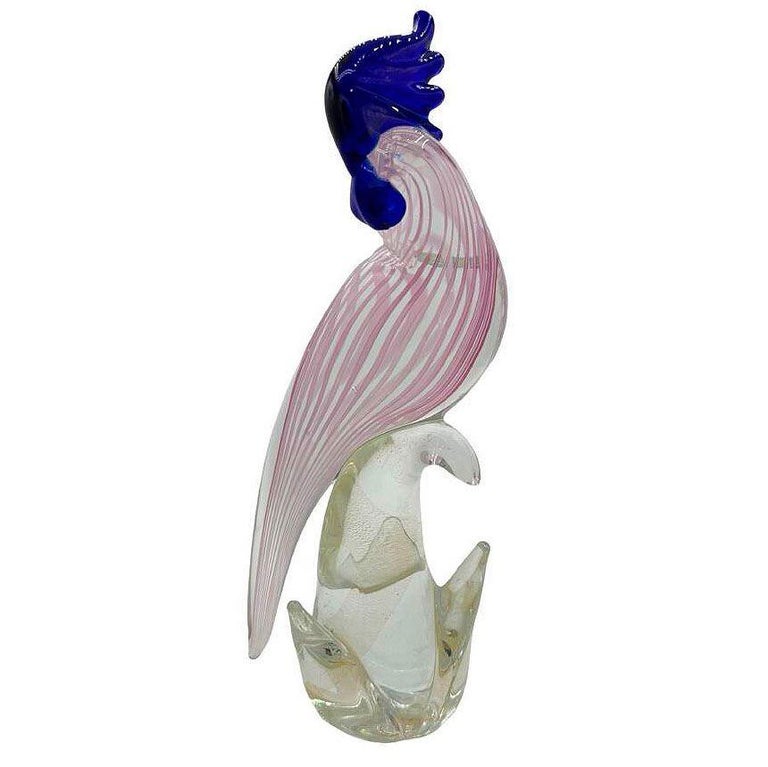 Mid-century Murano Gold Fleck Multicolored Art Glass Cockatoo Scultpure
