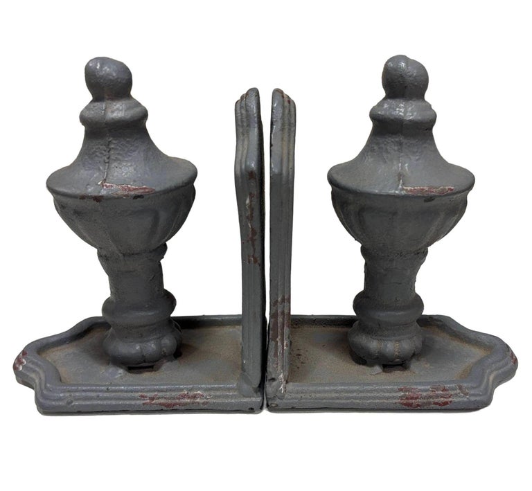 Grey Colonial Style Cast Iron Enamel Grey Finial Bookend, Pair