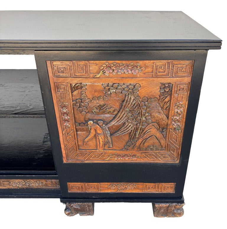 Mid-century James Mont Style Carved Media Credenza Stereo Cabinet