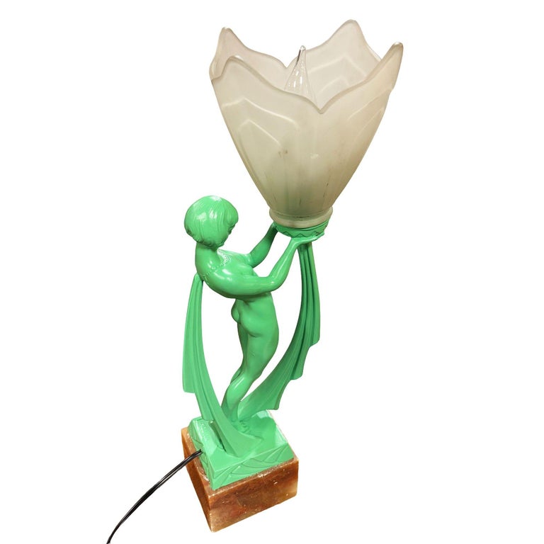 French Green Spleter Metal Art Deco Style Biba Lamp on Marble by Jacques Limousi