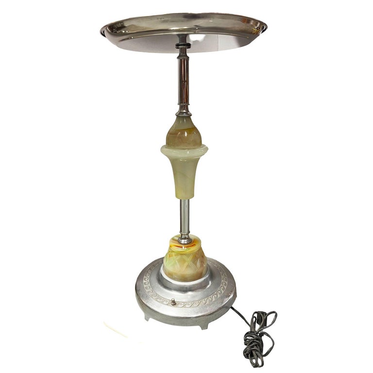 Streamline Art Deco Chrome Drink Glass Top Side Table w/ Light Up Base