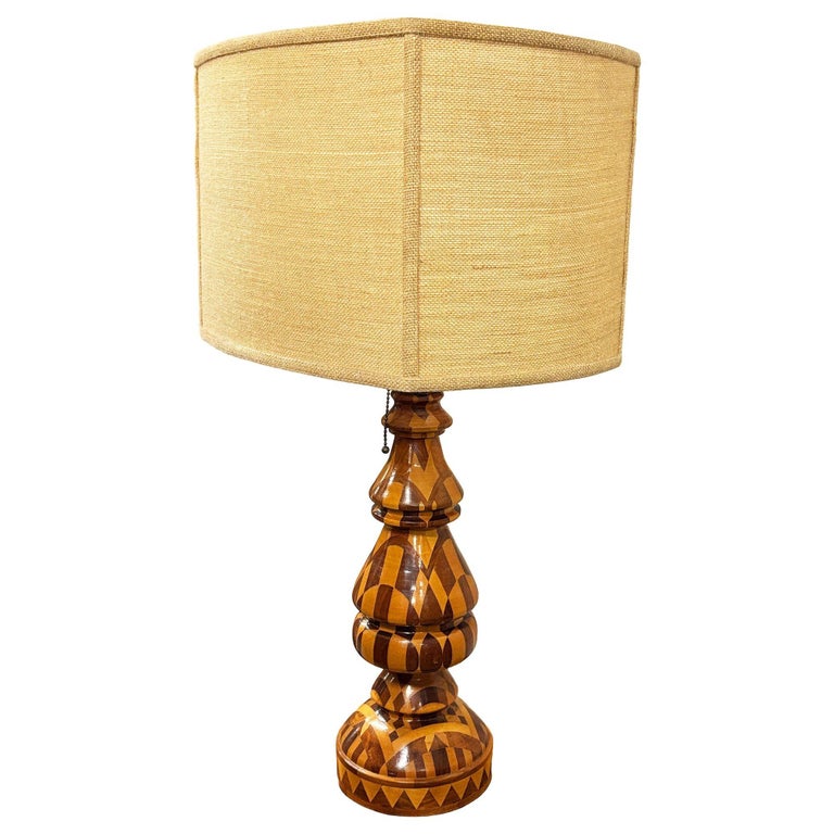 Mid-Century Hand Turned Segmented Marquetry Inlay Mosaic Table Lamp w/ Shade