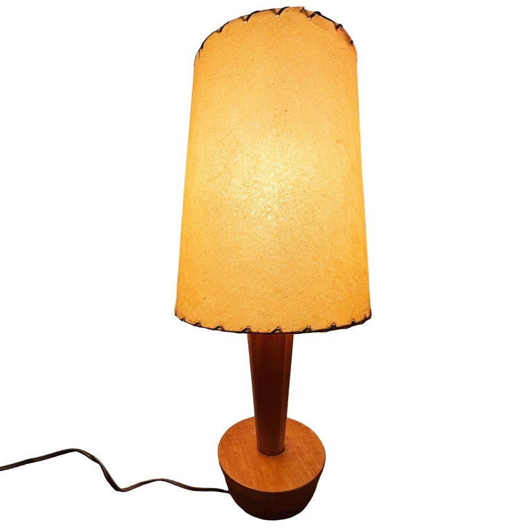 Yasha Heifetz Style Geometric Mid-century Oak Table Lamps w Whipple Stitch Shade