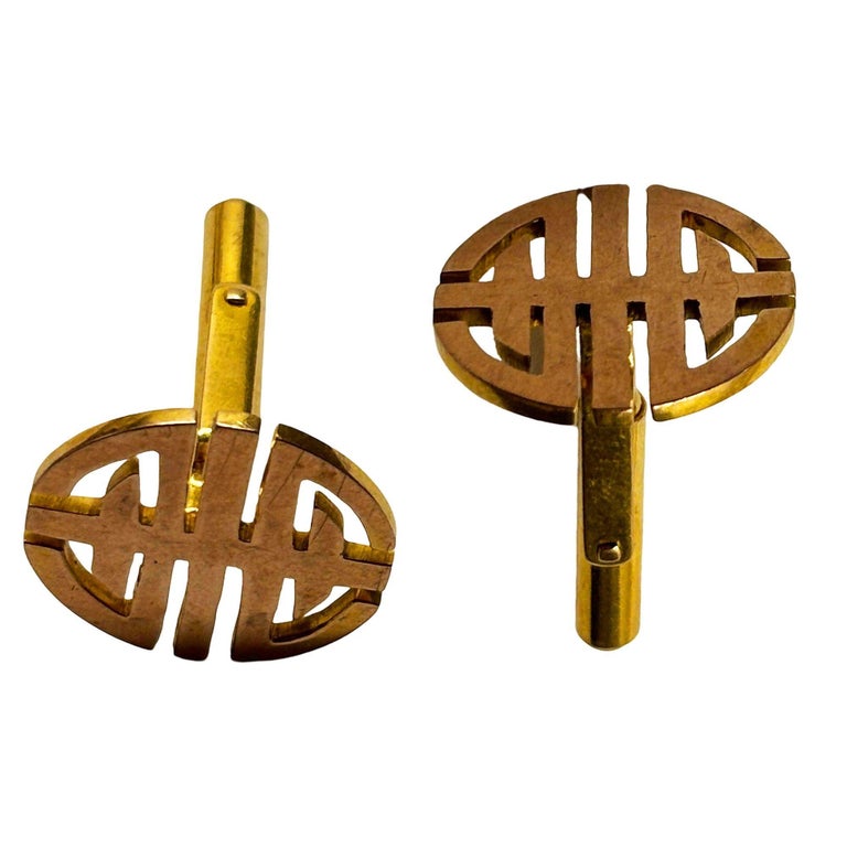 14k MCM Round Chinese "Longevity" Cufflinks Circle Cut Men's Cufflinks, Pair