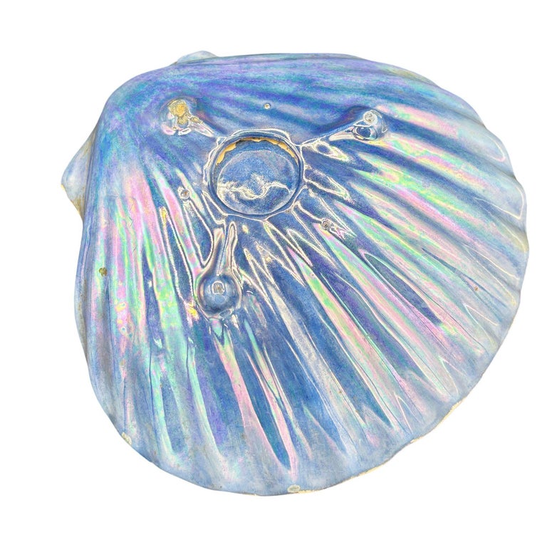 Large 8" Mid-century Rainbow Iridescent Ceramic Clam Shell Tropical Ashtray