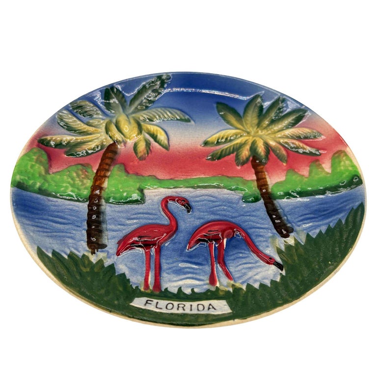 Mid-century Pottery Florida Sunset Flamingo Round Decrotive Wall Plate