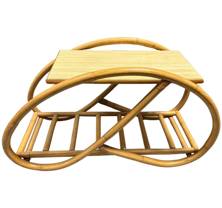 Restored 3/4 Pretzel "Grasshopper" Rattan Side Table w/ Formica Tops Set of 2