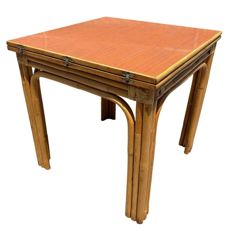 Restored Mid-century Expanding Hinge Leaf Rattan Dining Table