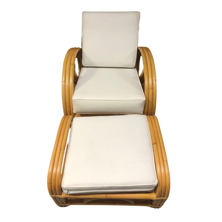 Restored 3-Strand 3/4 Pretzel Rattan Adjustable Reclining Lounge Chair w Ottoman