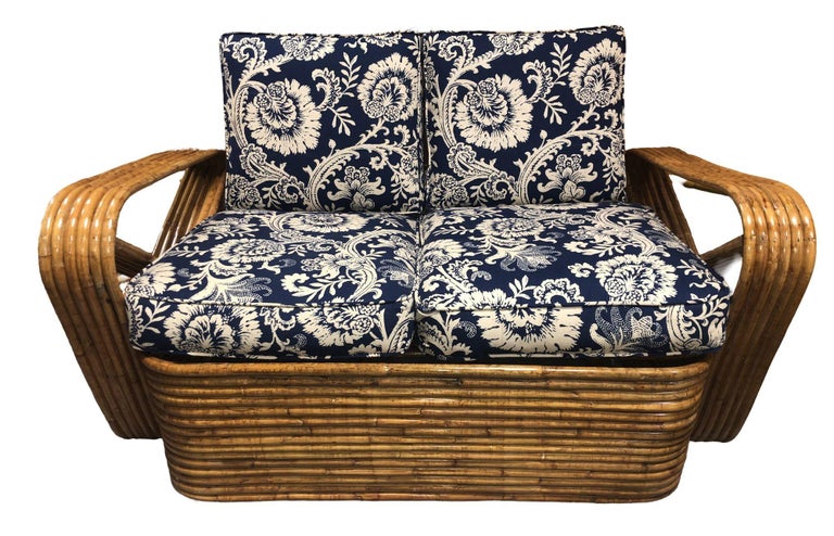 Restored MCM Six-Strand Double Triangle Pretzel Arm Tortoise Shell Rattan Settee