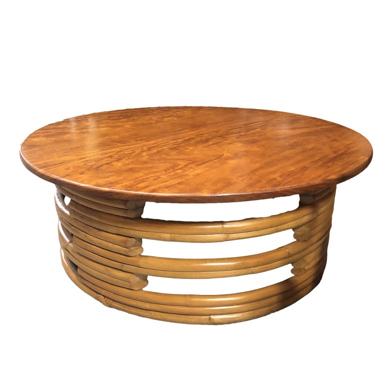 Restored Round Rattan Coffee Table with Mahogany Top