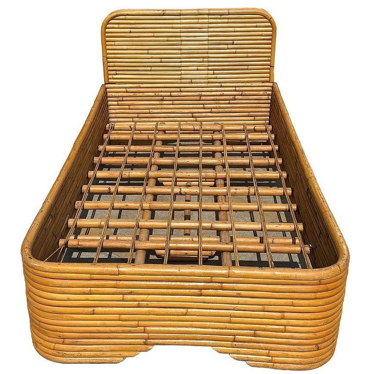 Restored Art Deco 15-Strand Stacked Rattan Bed TWIN Bed Frame Headboard, 2 Avail