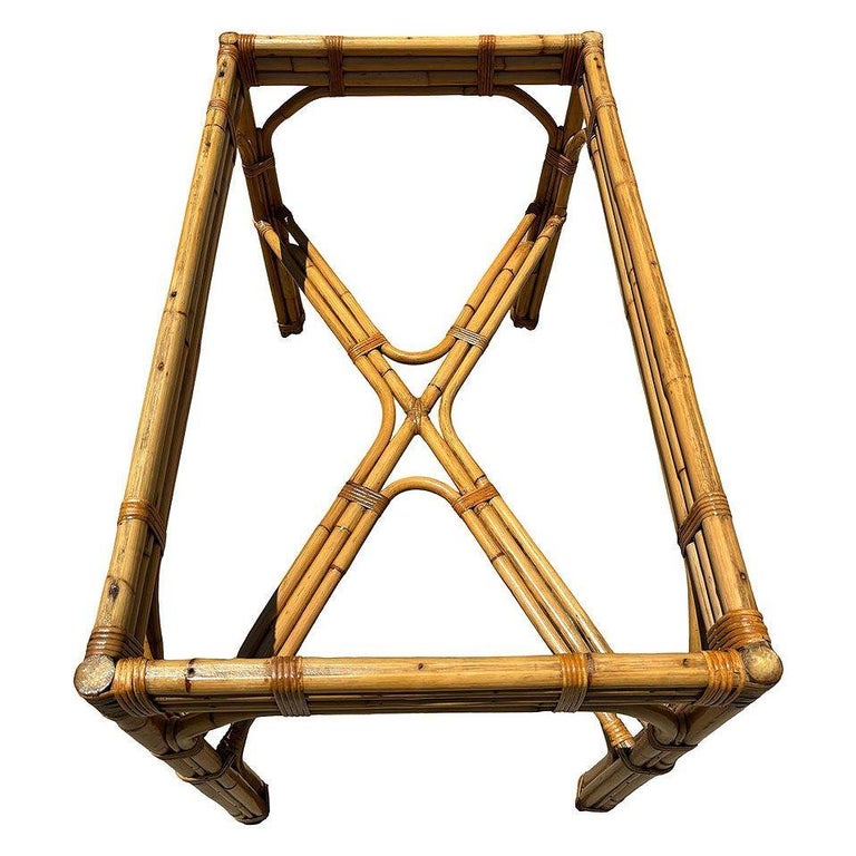 Restored Glass Top "X" base 3-strand Rattan Dining Table