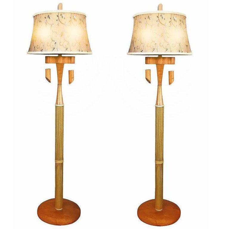 Restored High Style Koa Wood & Rattan Sculptural Floor Lamp w Ricemat Wrap, Pair