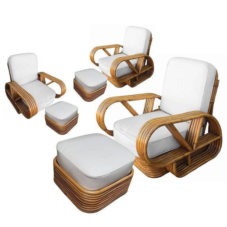 Restored Rattan Five-Strand "Victory Speed" Arm Loungechair w/ Ottoman, Set of 3