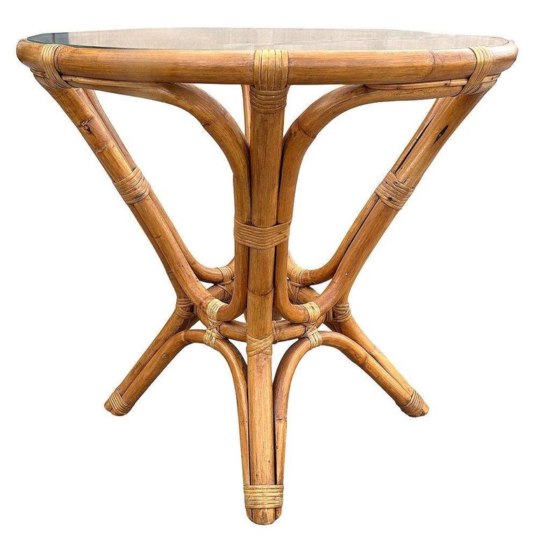 Restored MCM Modernist Rattan Hourglass Round End Table w/ Glass Top