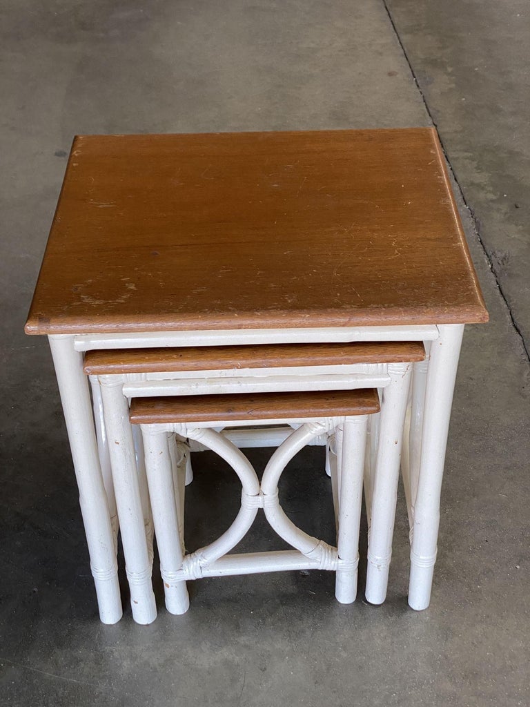 Mid-Century Set of 3 Whited Rattan Nesting Side Tables w/ Mahogany Top