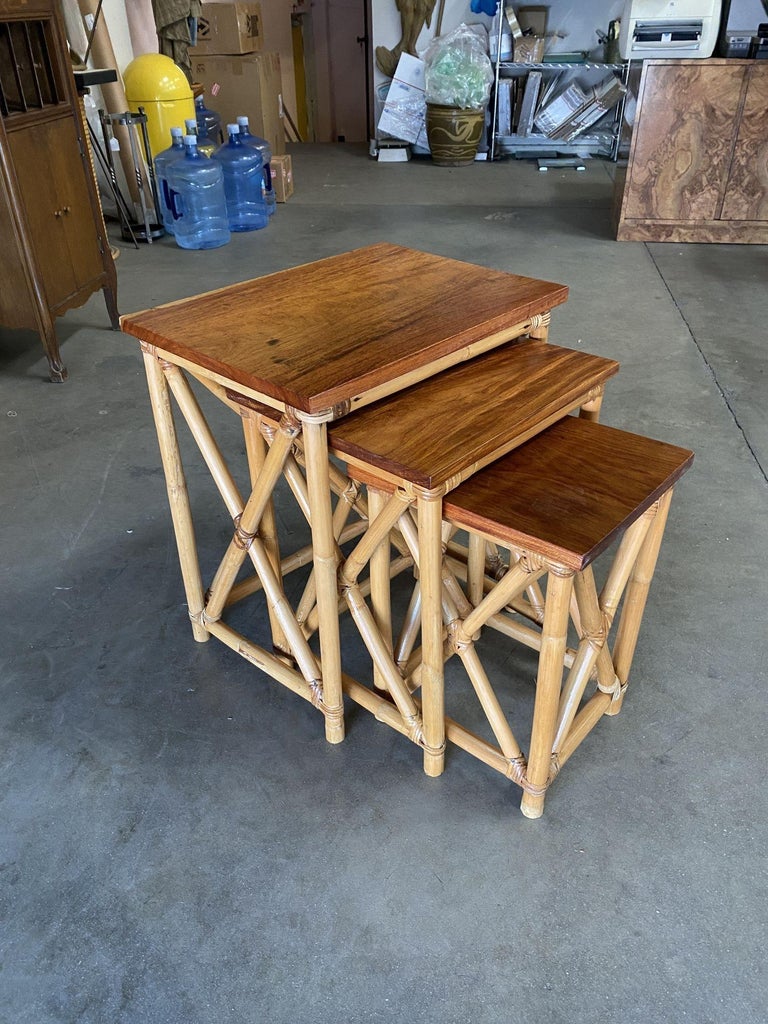 Restored Set of 3 Rattan Nesting X Side Tables with Mahogany Top
