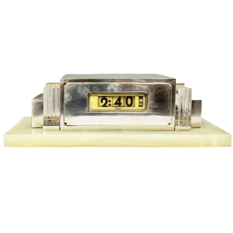 1930 Art Deco Silver Plate & Marble Model 975 Digital Mantel Clock by Lawson