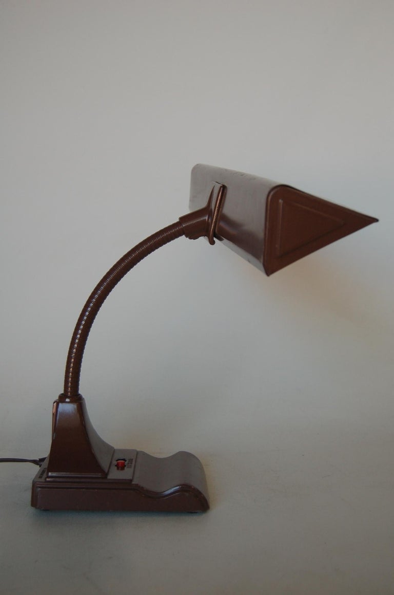 Midcentury Brown Enamel Fluorescent Gooseneck Desk Lamp by Art Specialty