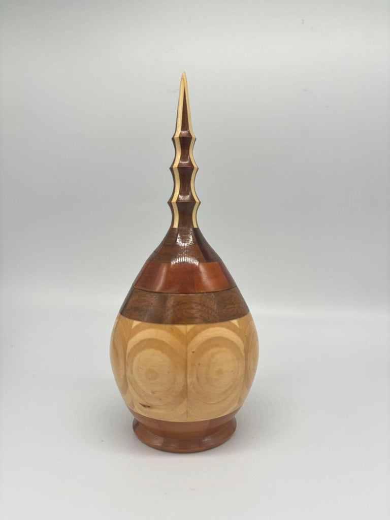 Hand Carved Marquetry Inlay Pear Shaped Vessel with Lid