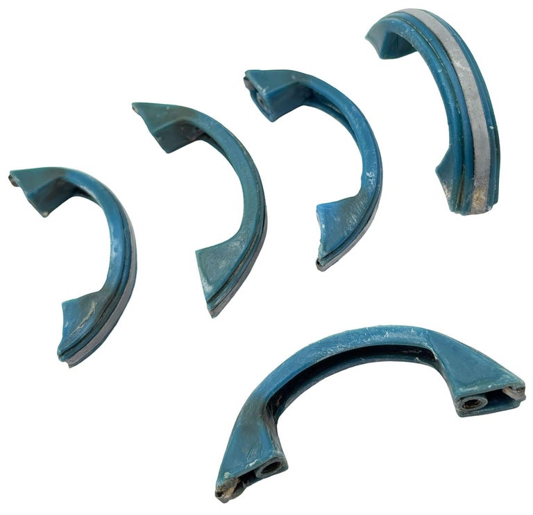 Art Deco Sky Blue Bakelite Drawer Pulls w/ Chrome Strip, Set of 5