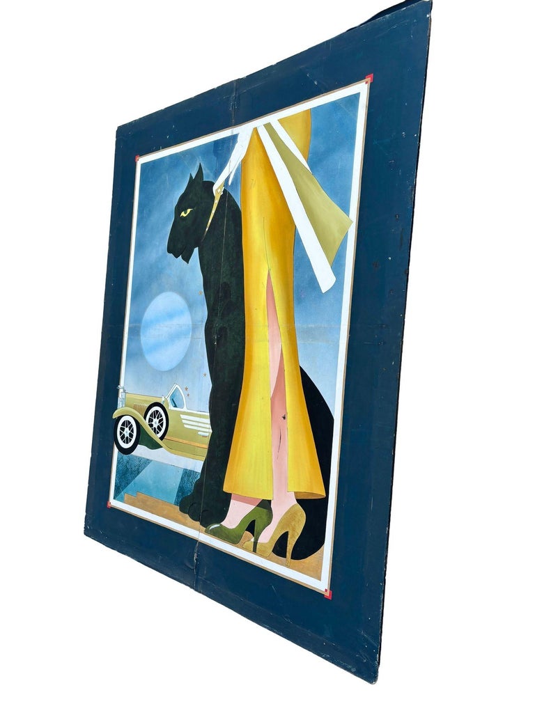 12' Foot Hand Painted Art Deco Damsel & Panther Oil on Canvas Screen