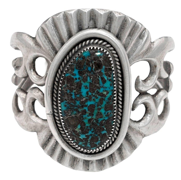 Mid-century Sterling Silver Navajo Cuff Bracelet w/ Bisbee Blue Turquoise Stone