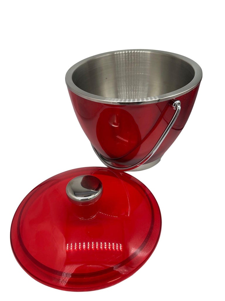 Mid-century Red Acrylic & Stainless Steel Ice Bucket