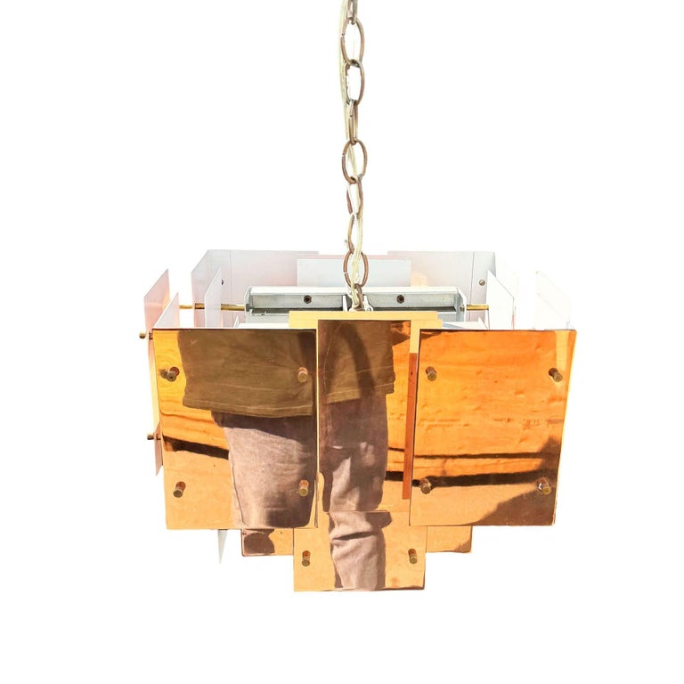 MCM Floating Panel "Cityscape" Brutalist Copper Chandelier By Robert Sonneman