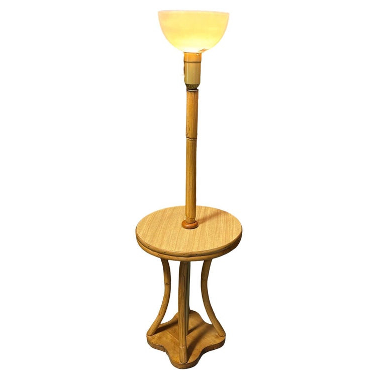 Restored Rattan & Mahogany Hourglass Side Table Torchiere Floor Lamp