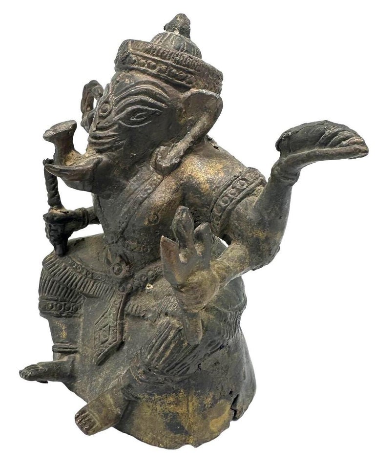 Antique Bronze Ganesha Seated Meditation Four Hands Hindu Ganapati Sculpture