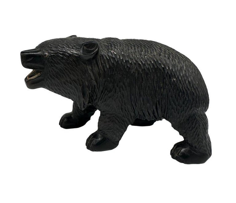 Ainun Black Bear Hand Carved Wood Sculpture with Glass Eyes
