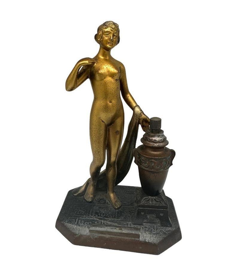 Art Deco Spelter Metal Nude Flapper Goddess Desktop Torch Tip Table Lighter