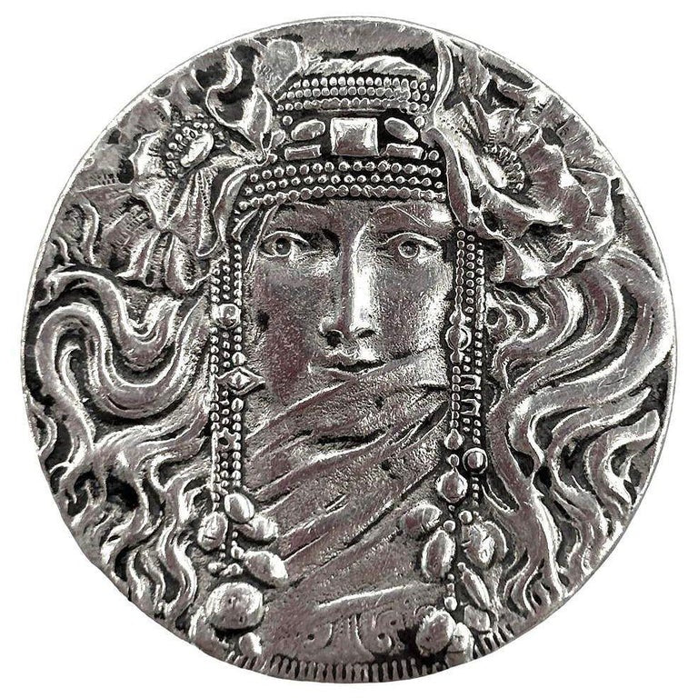 Art Nouveau Veiled Female Portrait Brooch by Rine Pewter