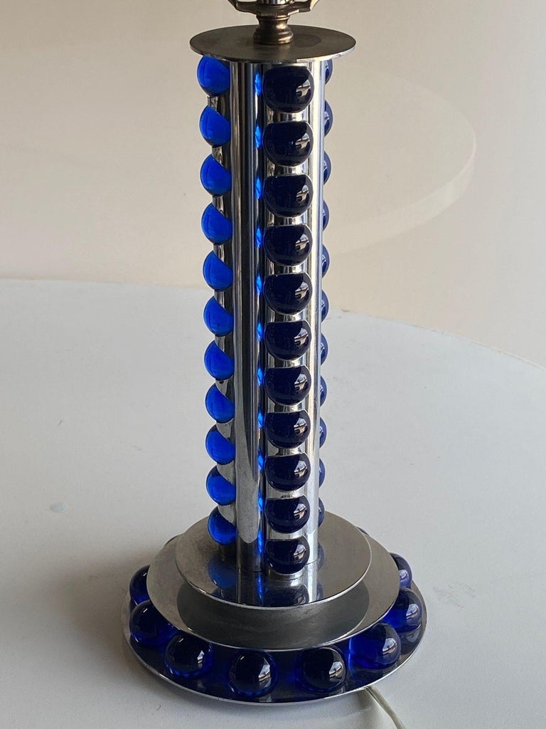 Chromed Steel and Cobalt Marble Art Deco Lamp