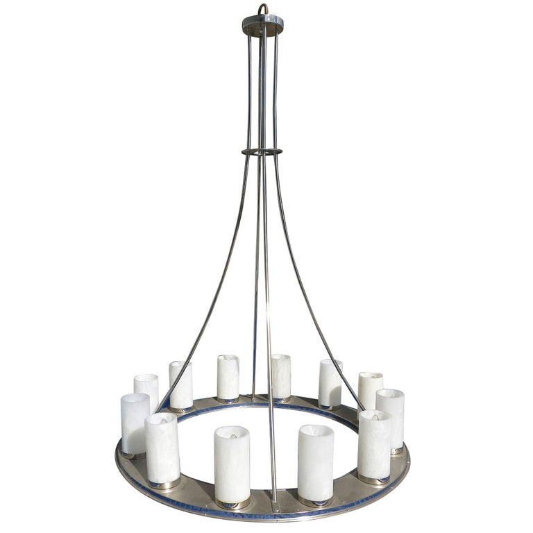 Large Modernist Twelve-Light Nickel Finished Chandelier
