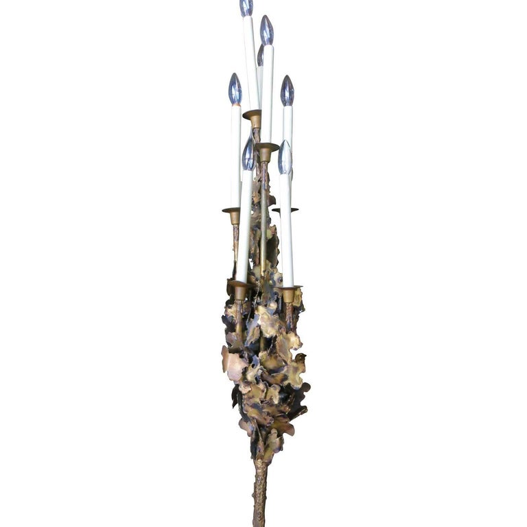 Tom Greene Style Brutalist Torch-Cut Brass Torchiere Floor Lamp