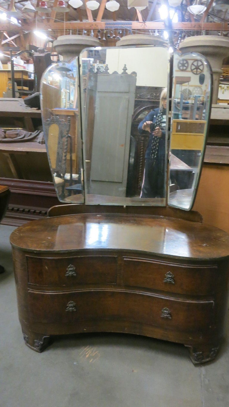 Edwardian Dark Stained Burlwood Vanity w/ Trifold Mirror, Circa 1910