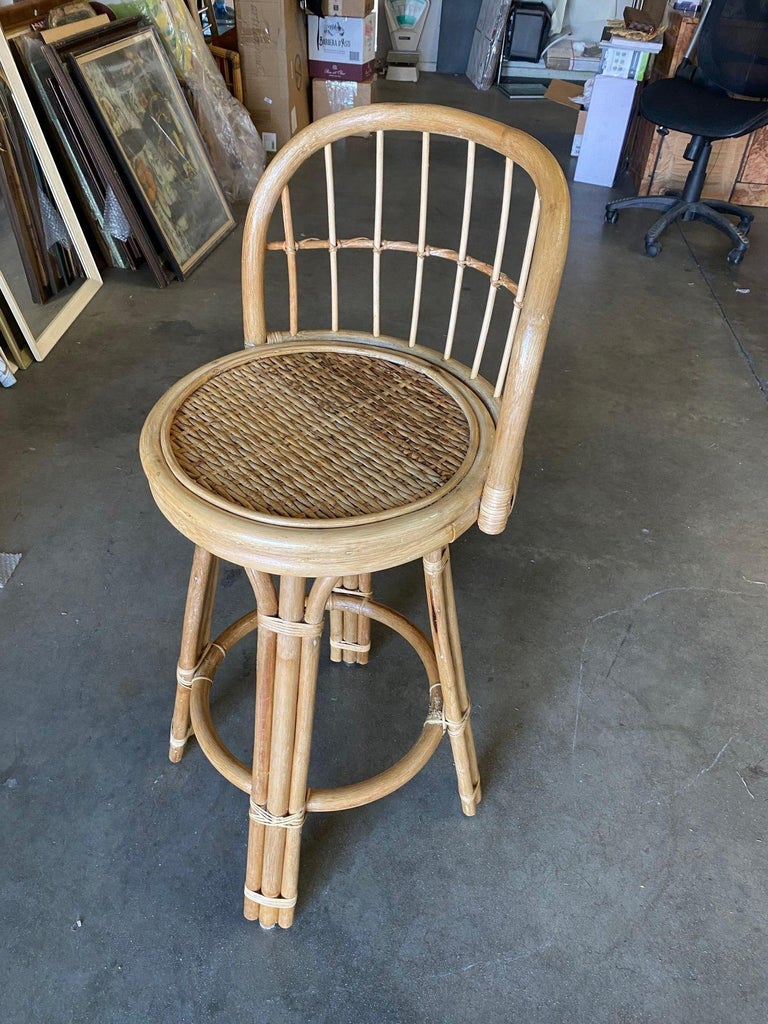 Restored 3-Strand Rattan Bar Stool w/ Stick Reed Rattan Back