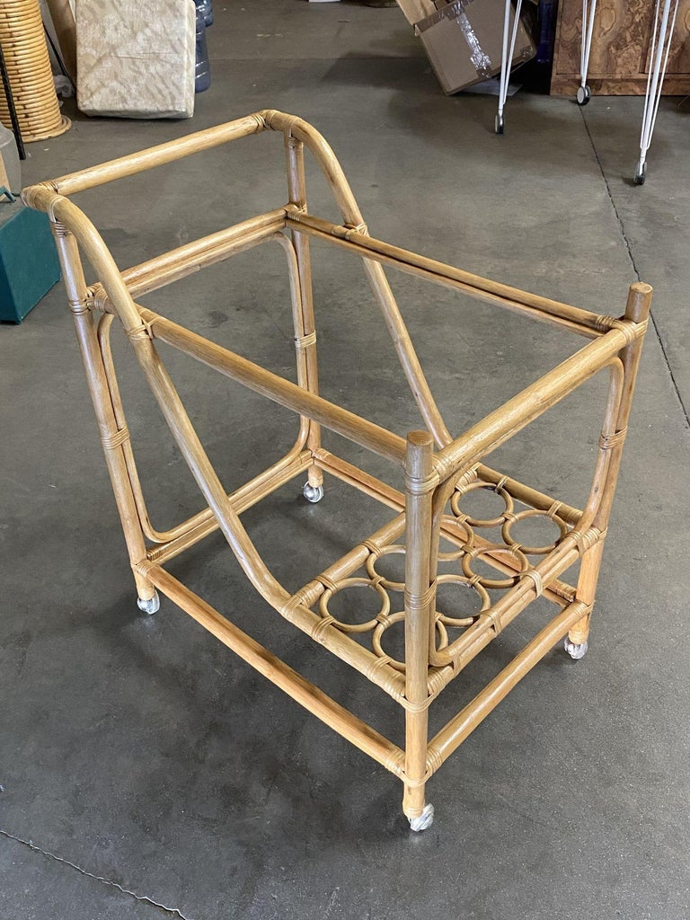 Restored Mid Century Rattan Bar Cart w/ Bottle Holder by Angraves, circa 1970