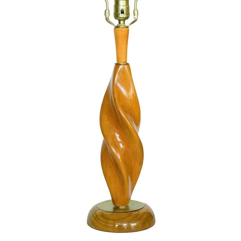 Mid-century Carved Spiral Oak & Brass Sculptural Table Lamps by Yasha Heifetz