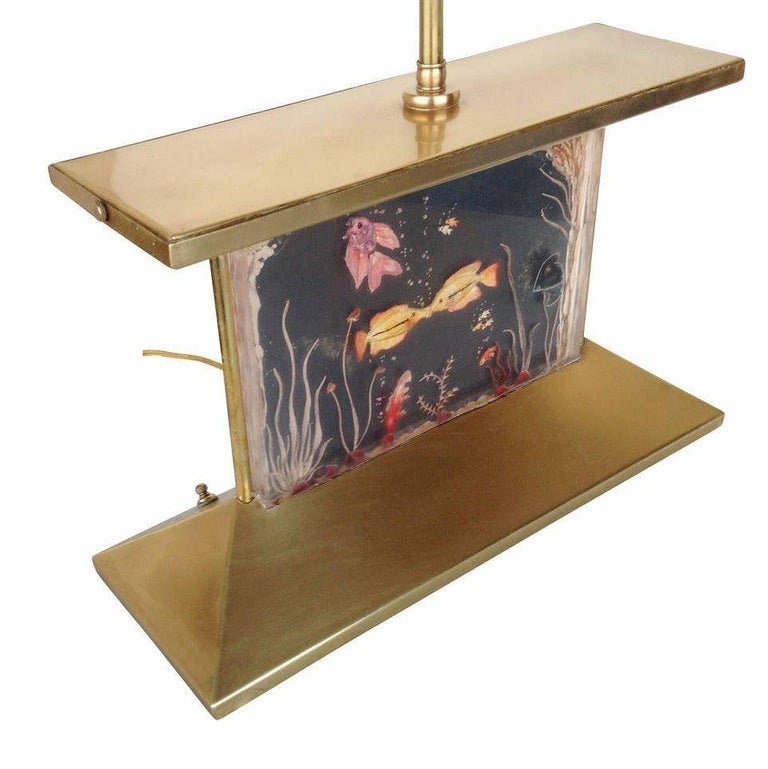 Mid-Century Brass Aquarium Light Up Lamp w/ Shade