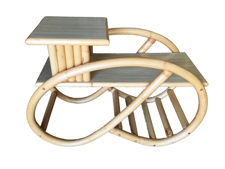 Restored 3/4 Round Pretzel Rattan Side Table with Two-Tier Formica Tops
