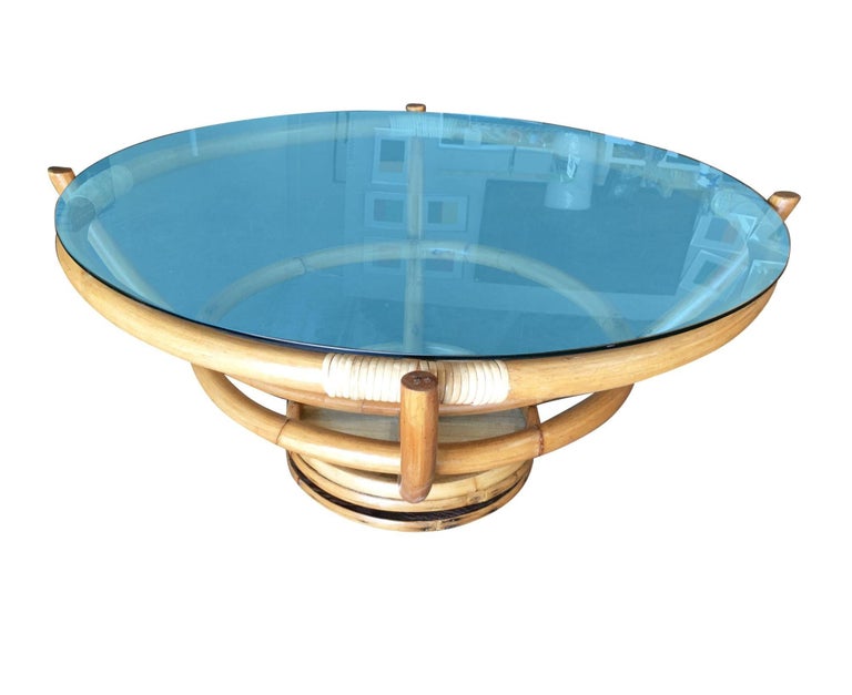 Restored Four Pole Rattan Coffee Table with Floating Glass Top