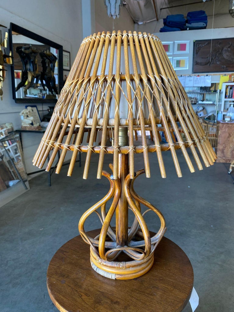 Restored Modernist Stacked Stick Reed Rattan Table Lamp w/ Rattan Shade